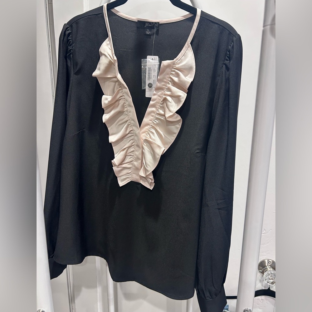 NWT J. Crew Black Ruffle Front Blouse